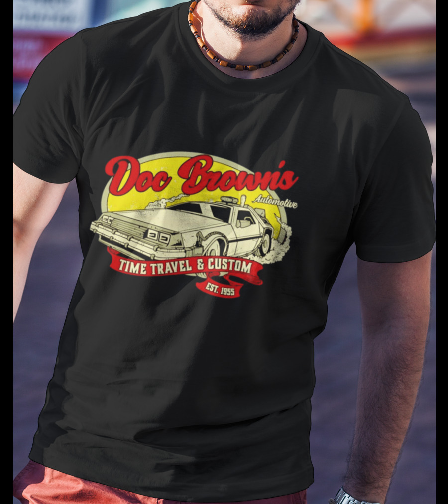Doc Brown's Automotive Time Travel & Custom Est 1955 Classic DeLorean T-Shirt