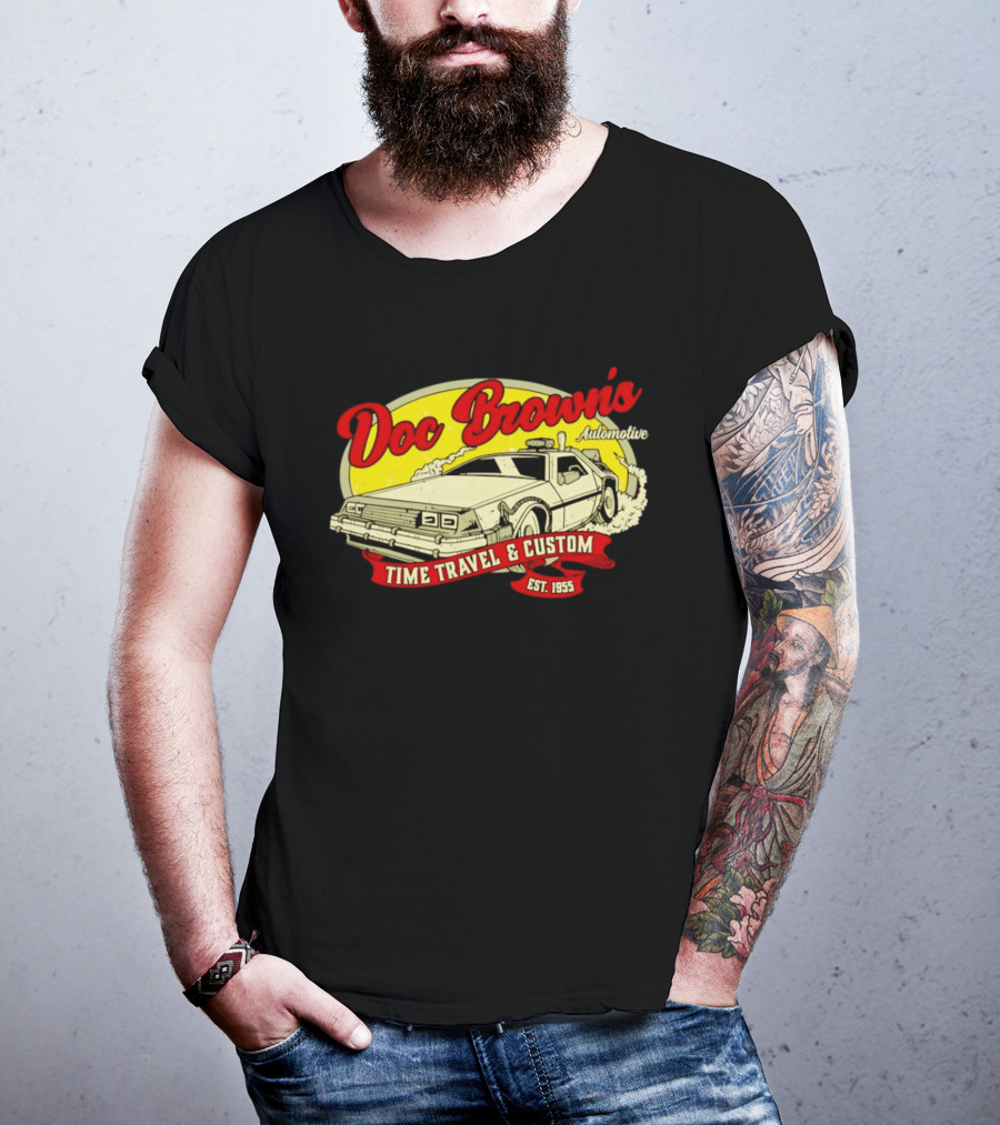 Doc Brown's Automotive Time Travel & Custom Est 1955 Classic DeLorean T-Shirt