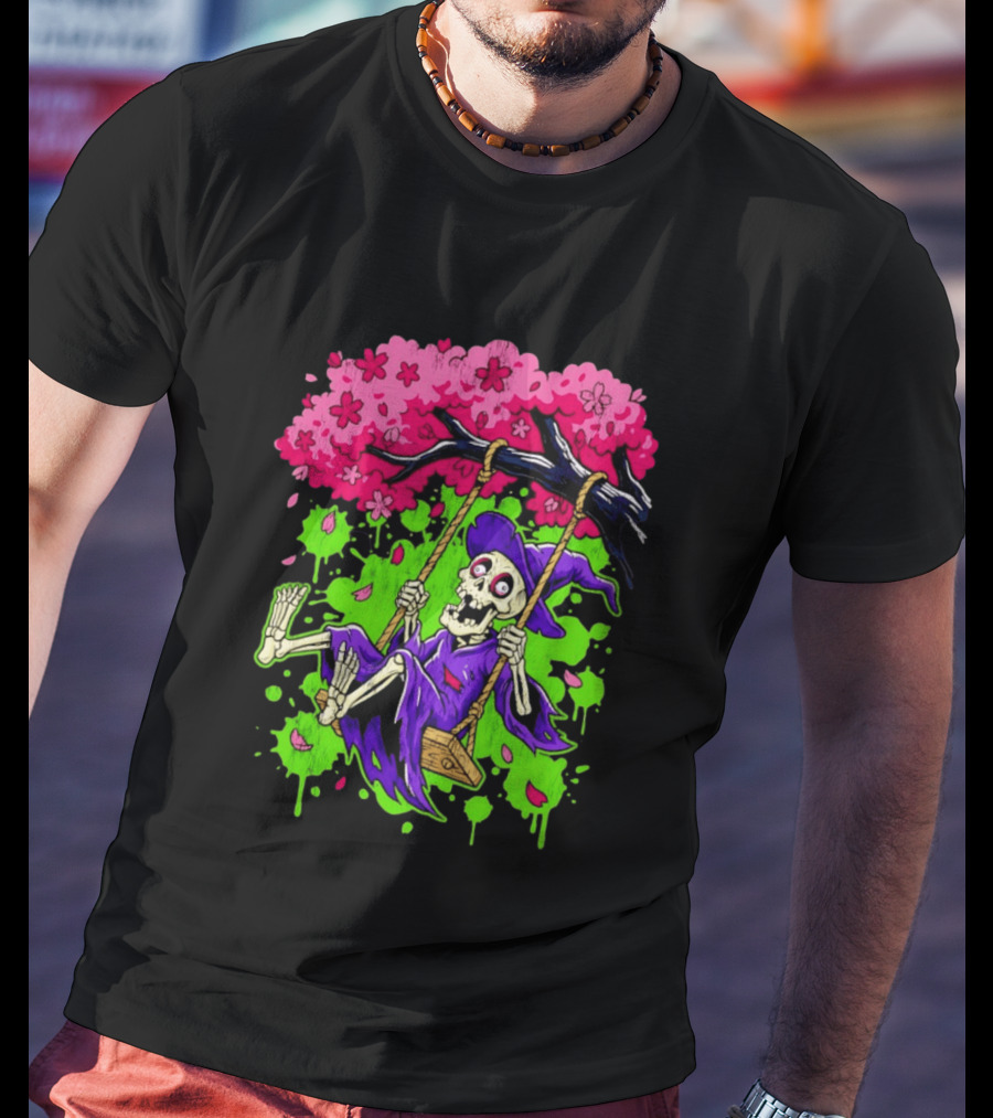 Morbid Whimsy Skeleton Witch Swinging Under Cherry Blossom Tree T-Shirt