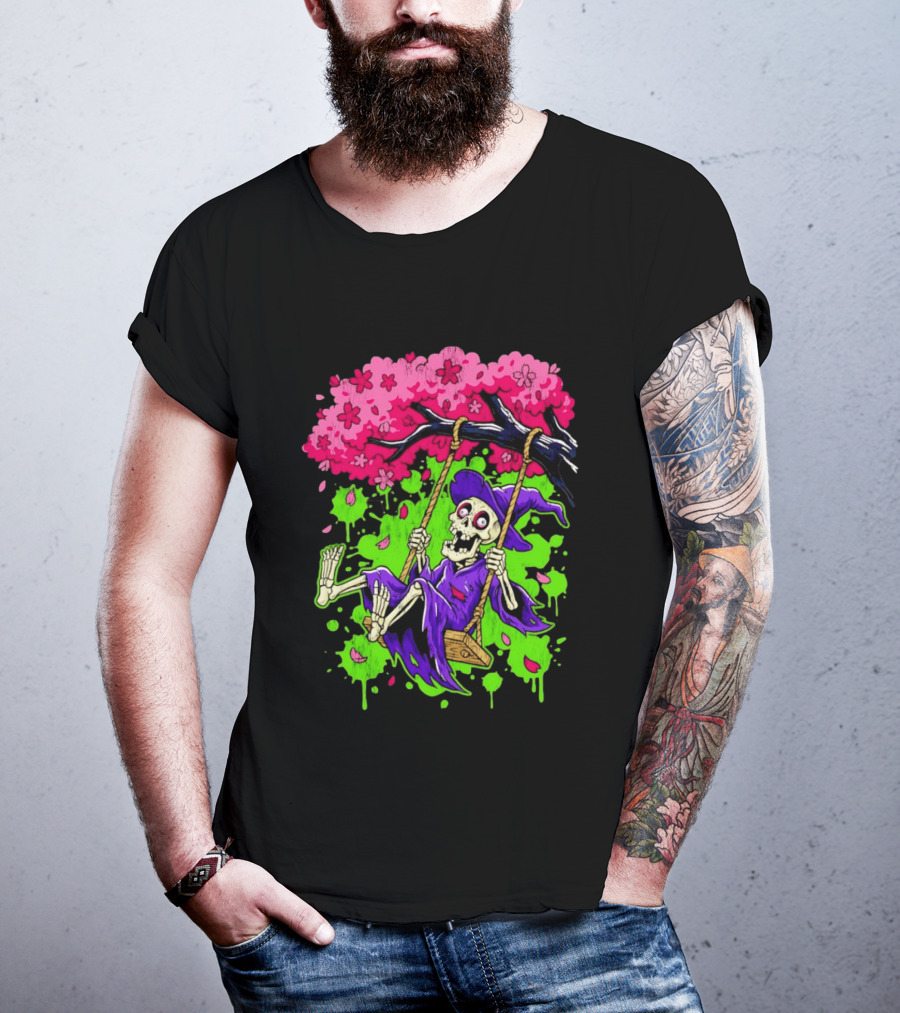 Morbid Whimsy Skeleton Witch Swinging Under Cherry Blossom Tree T-Shirt