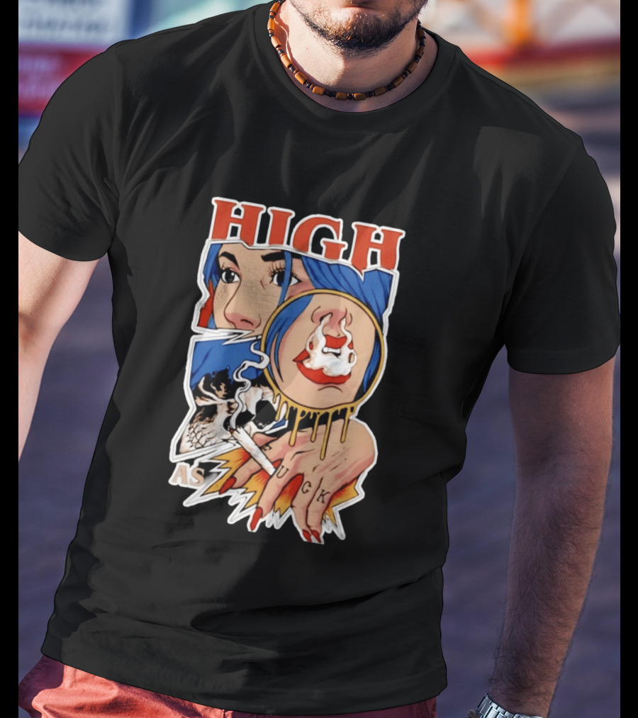 High As Fuck Smoking Skull Woman With Blue Hair And Tattooed Hand T-Shirt