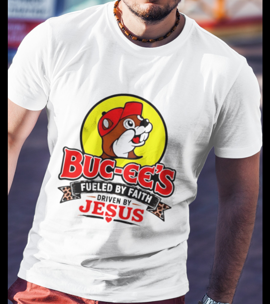 Buc Ee's Fueled By Faith Driven By Jesus Yellow Circle Red Cap T-Shirt