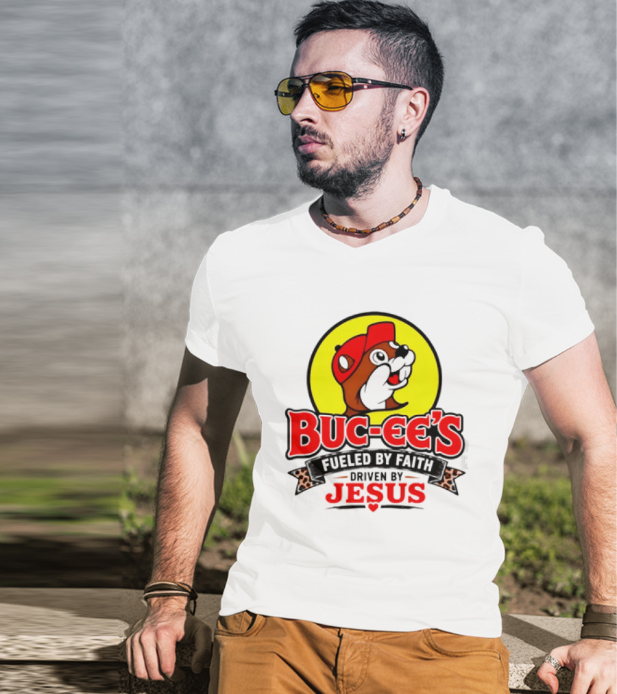 Buc Ee's Fueled By Faith Driven By Jesus Yellow Circle Red Cap T-Shirt