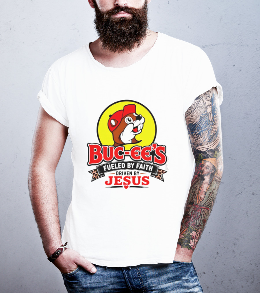 Buc Ee's Fueled By Faith Driven By Jesus Yellow Circle Red Cap T-Shirt