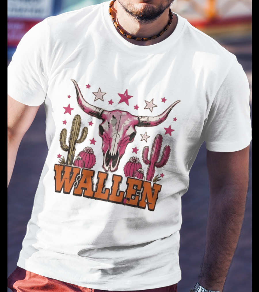Wallen Pink Cow Skull Cactus Stars T-Shirt