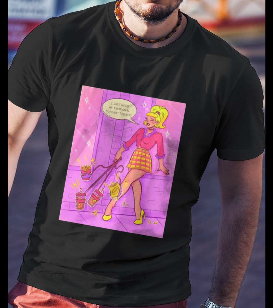 I Just Need My Emotional Support Treats Comic Style Girl With Drinks And Fries T-Shirt