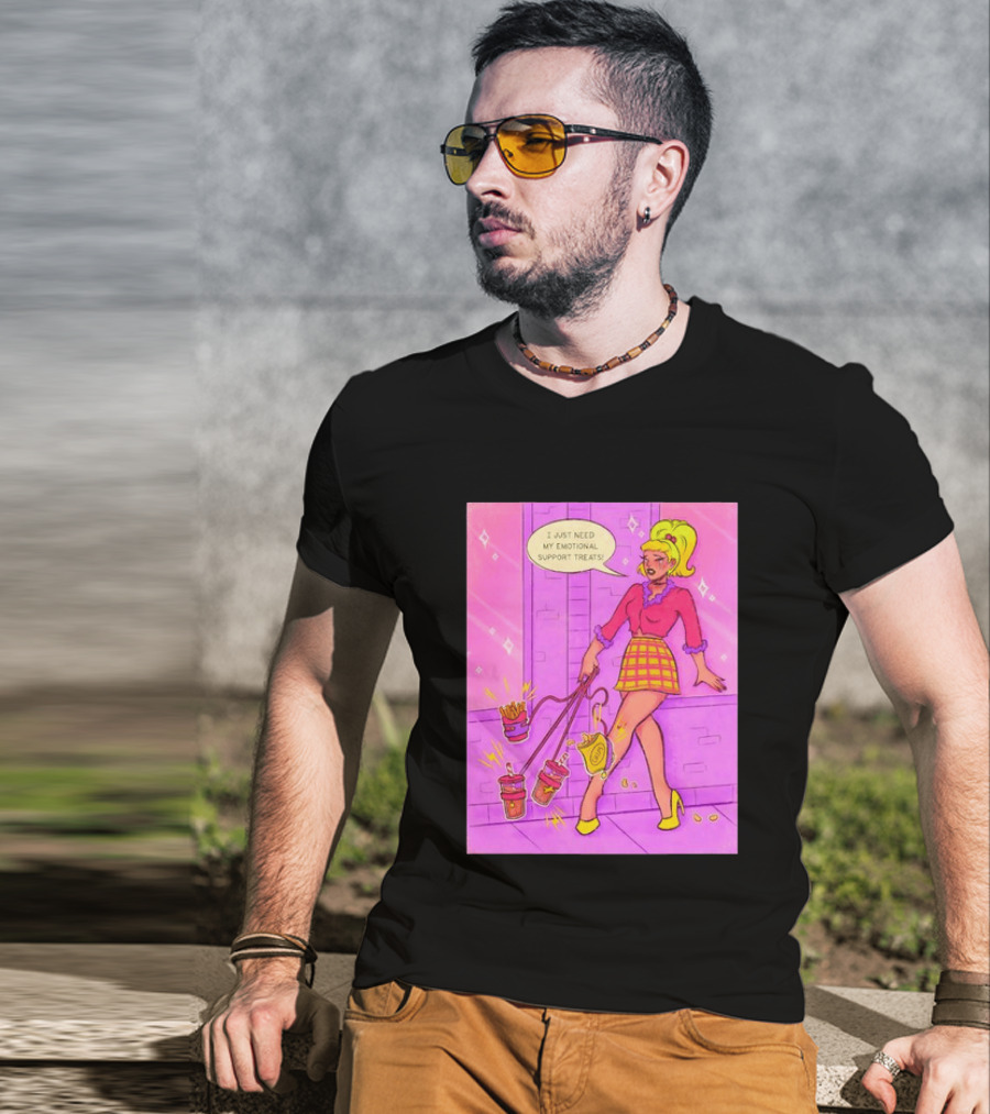 I Just Need My Emotional Support Treats Comic Style Girl With Drinks And Fries T-Shirt