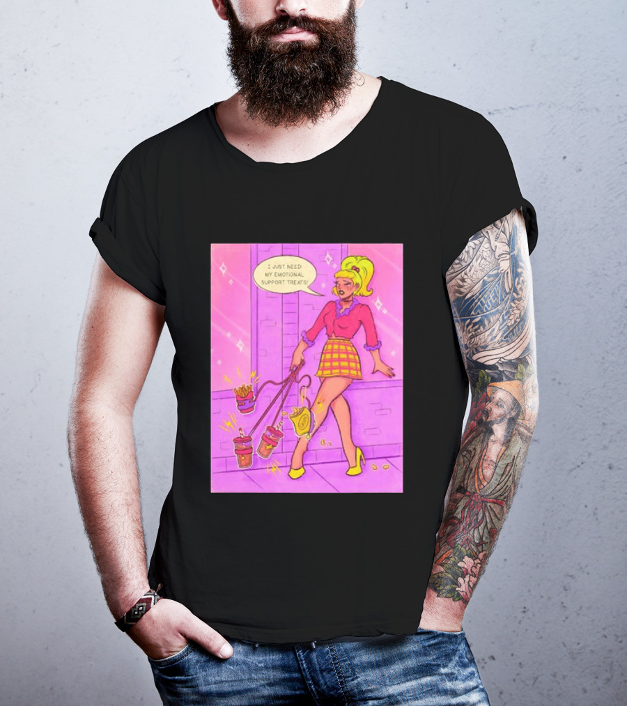 I Just Need My Emotional Support Treats Comic Style Girl With Drinks And Fries T-Shirt