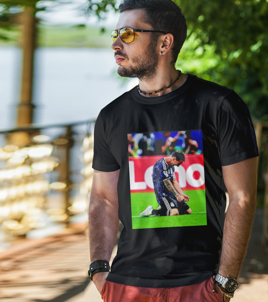 Argentina Football Icon Lionel Messi Kneels In Triumph National Team Victory T-Shirt