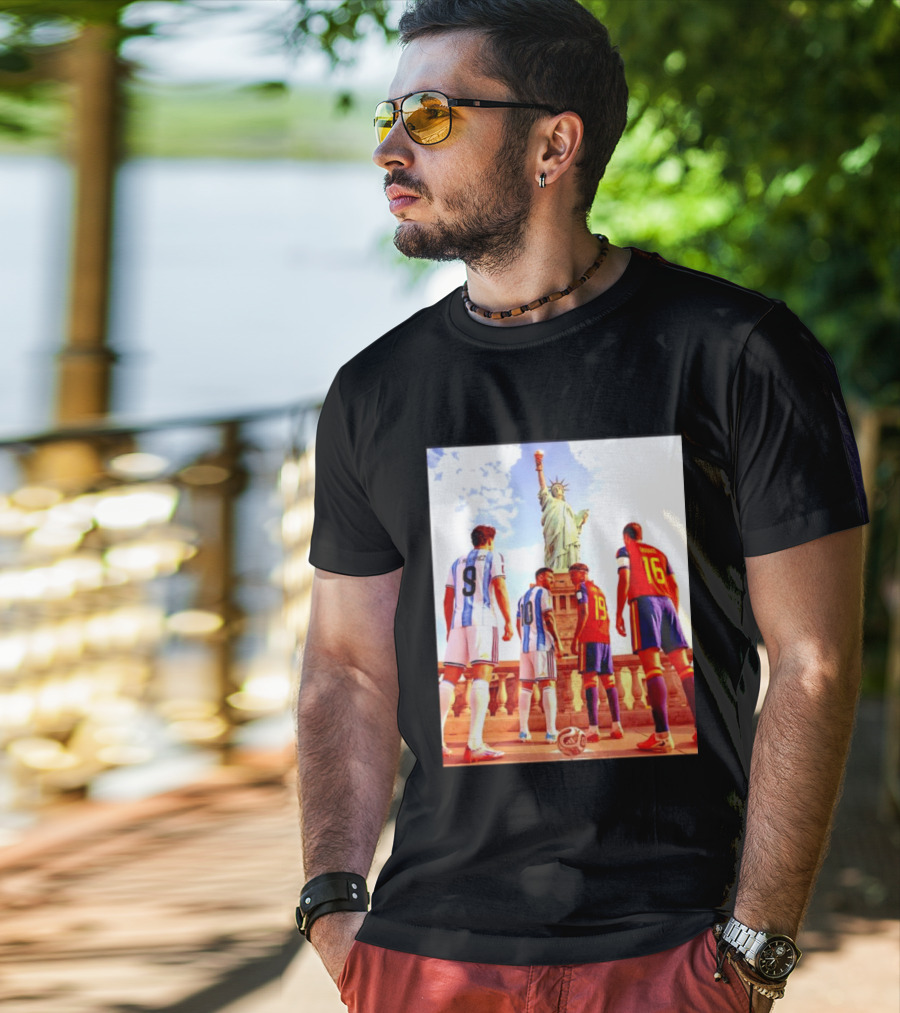 Lionel Messi J Alvarez Lamine Yamal Rodrigo Football Statue Of Liberty Argentina Spain Soccer T-Shirt