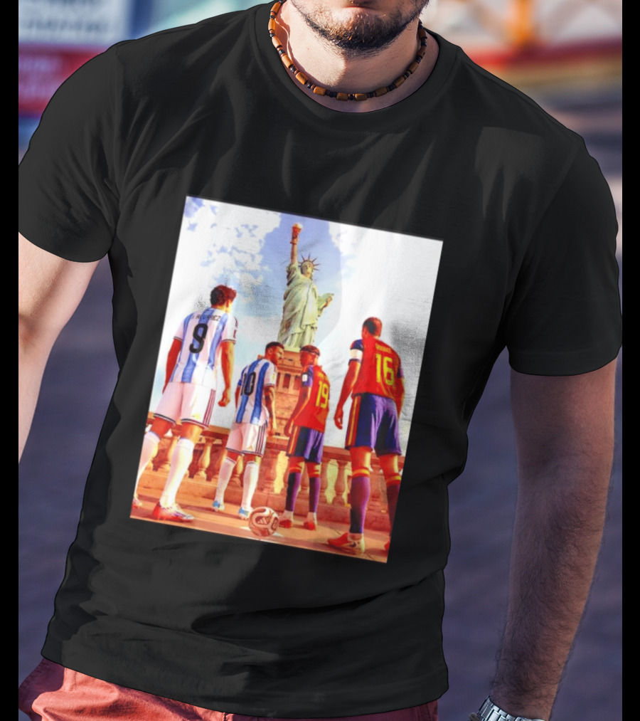 Lionel Messi J Alvarez Lamine Yamal Rodrigo Football Statue Of Liberty Argentina Spain Soccer T-Shirt