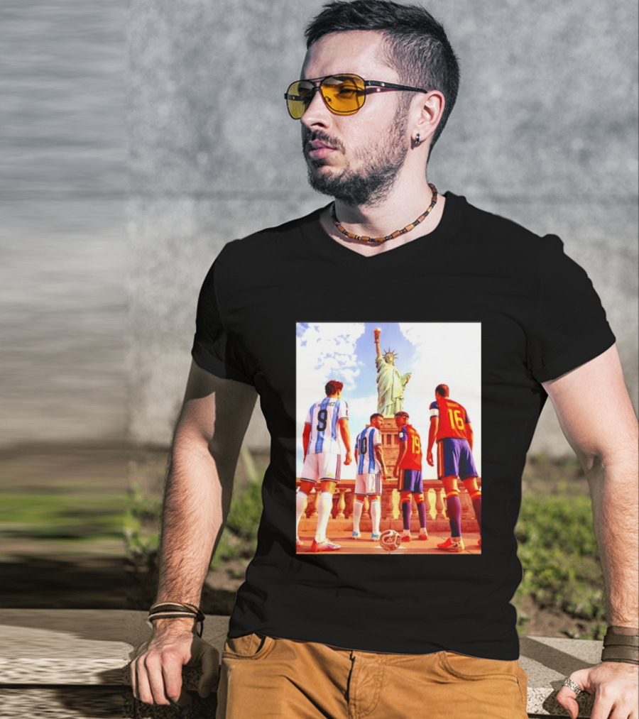 Lionel Messi J Alvarez Lamine Yamal Rodrigo Football Statue Of Liberty Argentina Spain Soccer T-Shirt