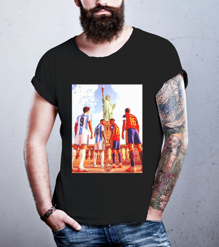 Lionel Messi J Alvarez Lamine Yamal Rodrigo Football Statue Of Liberty Argentina Spain Soccer T-Shirt