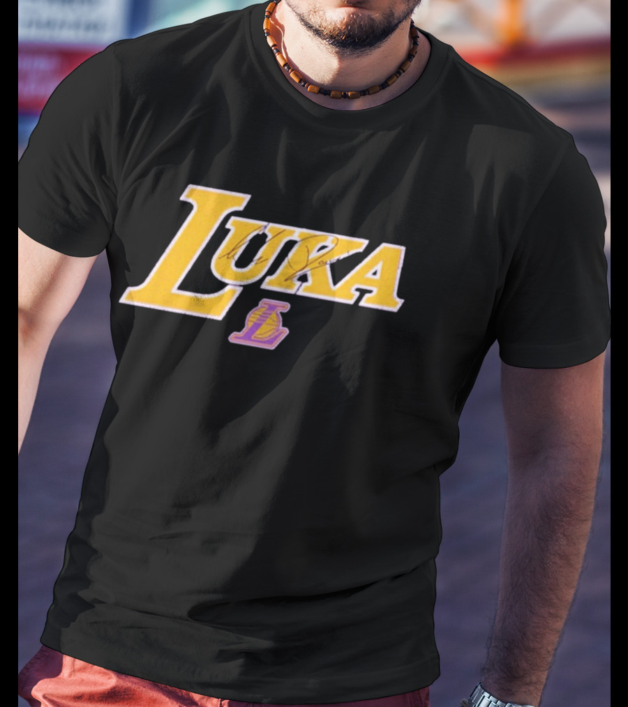 Luka Doncic Autograph Lakers Font Style With Los Angeles Basketball T-Shirt