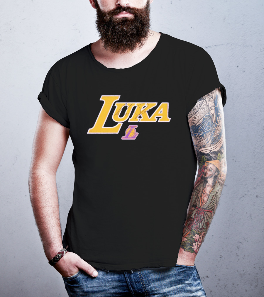 Luka Doncic Autograph Lakers Font Style With Los Angeles Basketball T-Shirt