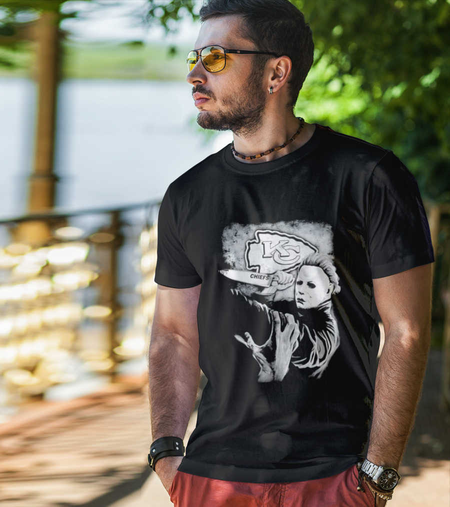 Michael Myers Holding Knife With KC Chiefs T-Shirt