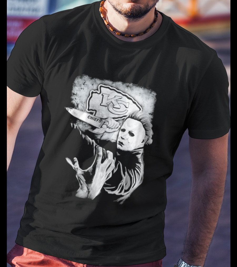Michael Myers Holding Knife With KC Chiefs T-Shirt