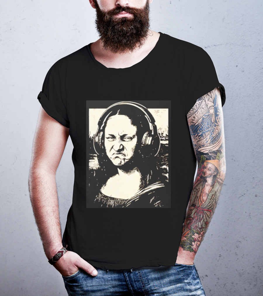 Mona Lisa Headphones Grumpy Expression Fusion T-Shirt