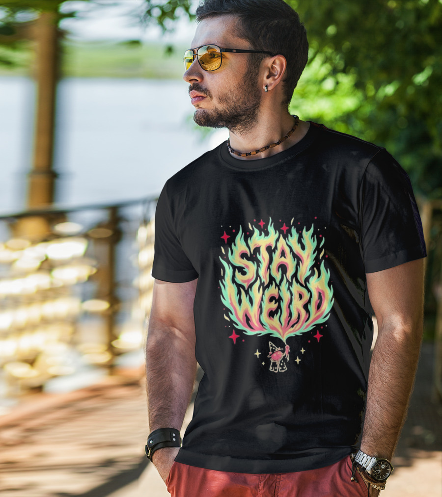 Stay Weird Magic Flames Wizard Cat Stars Cosmic T-Shirt