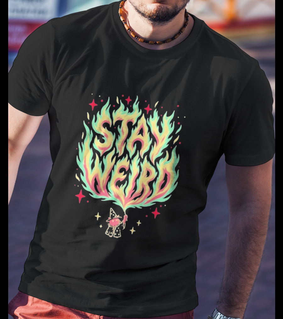 Stay Weird Magic Flames Wizard Cat Stars Cosmic T-Shirt
