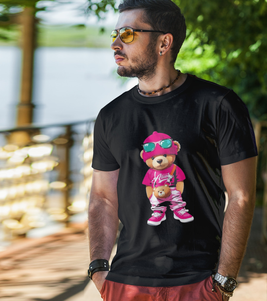 Ailan Teddy Bear Stylish Streetwear Outfit Pink Beanie Sunglasses And Bear Bag T-Shirt