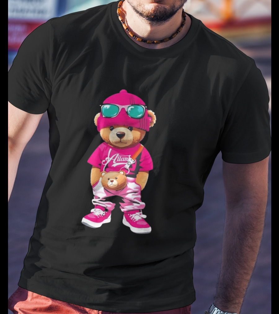 Ailan Teddy Bear Stylish Streetwear Outfit Pink Beanie Sunglasses And Bear Bag T-Shirt