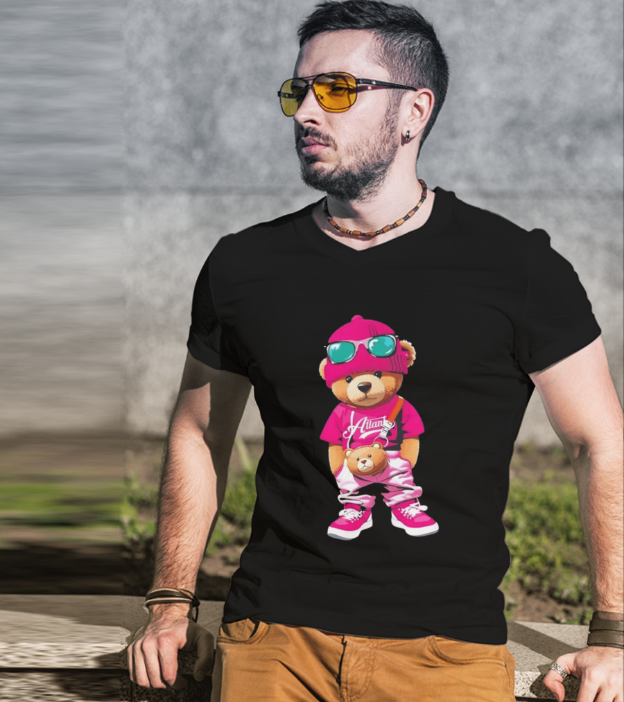 Ailan Teddy Bear Stylish Streetwear Outfit Pink Beanie Sunglasses And Bear Bag T-Shirt