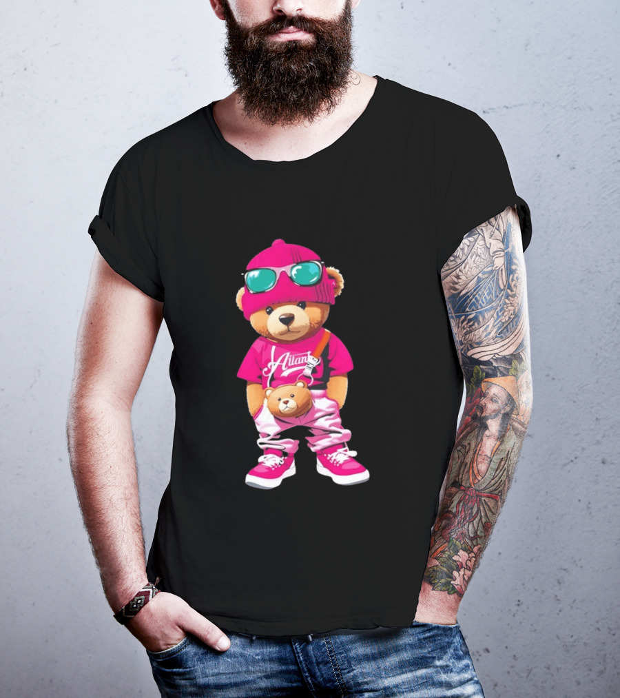 Ailan Teddy Bear Stylish Streetwear Outfit Pink Beanie Sunglasses And Bear Bag T-Shirt