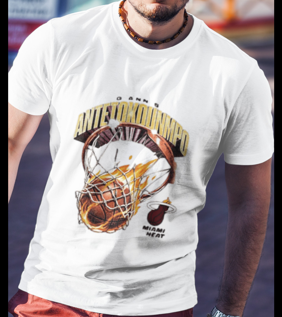 Giannis Antetokounmpo Miami Heat Basketball Hoop Fireball T-Shirt