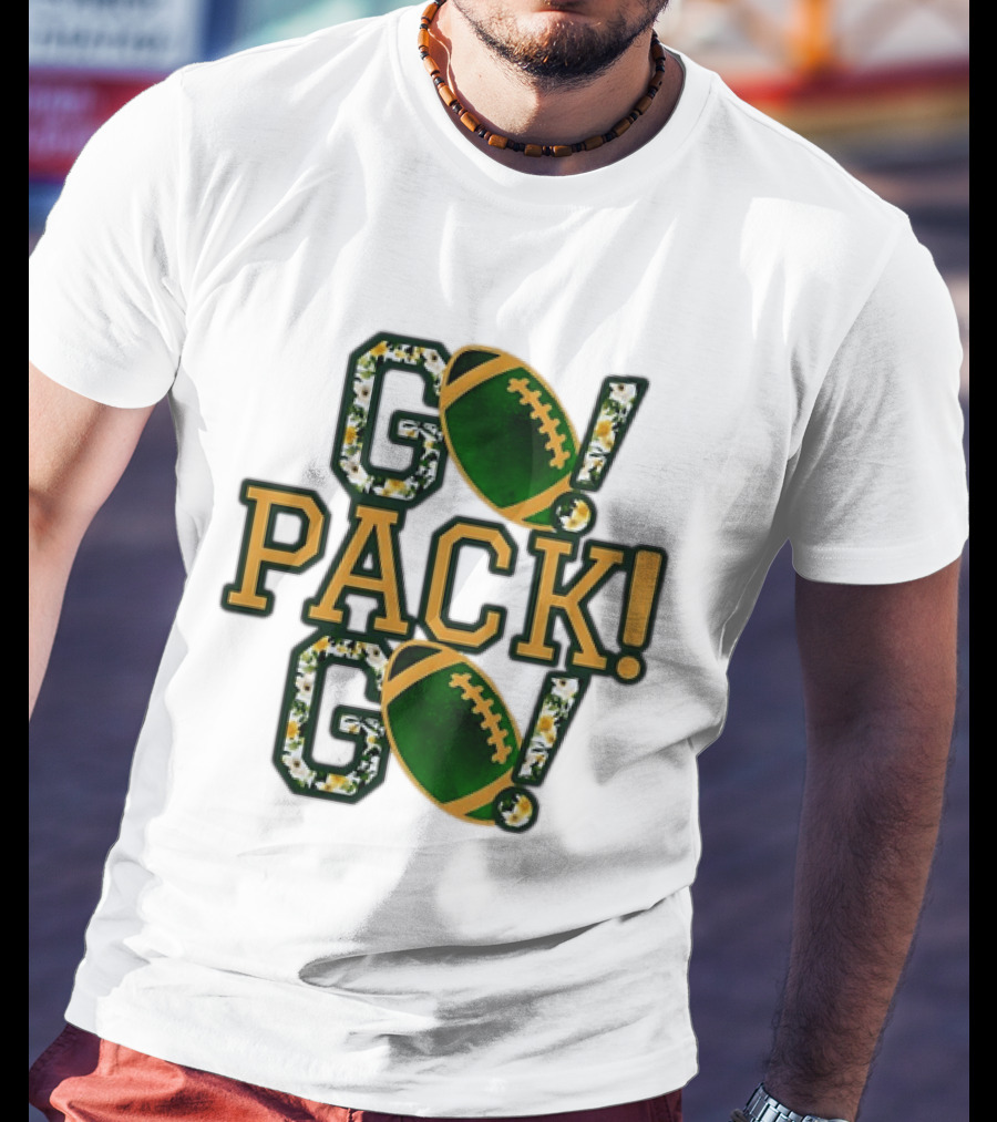 Packers Go Pack Go Football Floral Design With Green And Gold Footballs T-Shirt