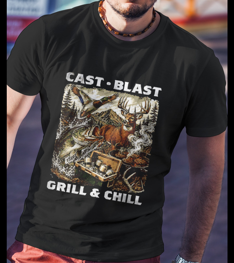 Cast Blast Grill & Chill Deer Fish Camping Scene T-Shirt