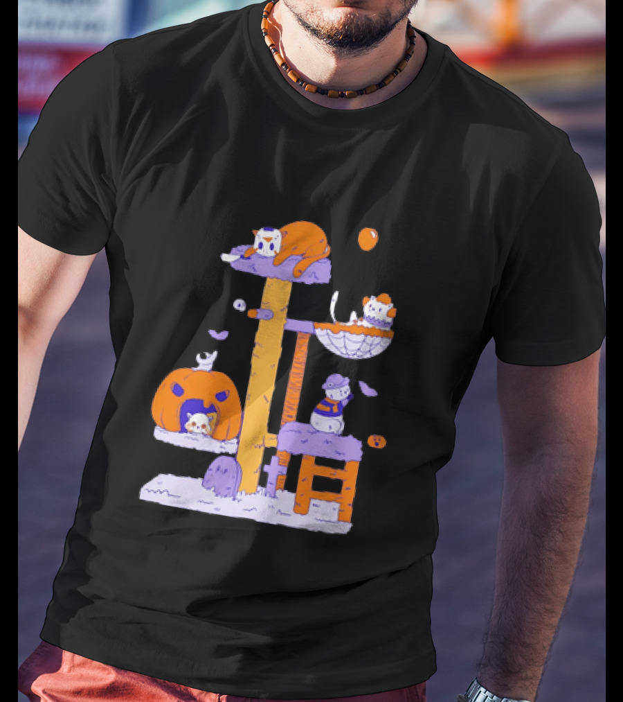 Cat Horror Pumpkin Tree Halloween Cats T-Shirt