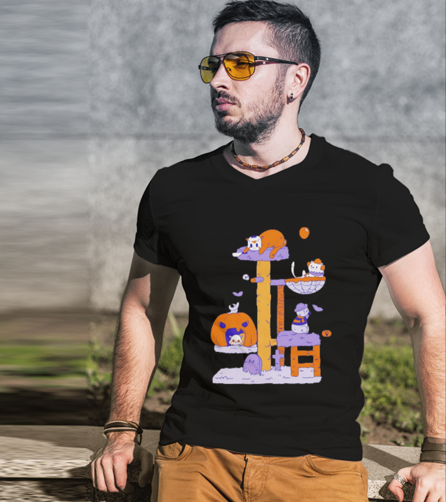 Cat Horror Pumpkin Tree Halloween Cats T-Shirt