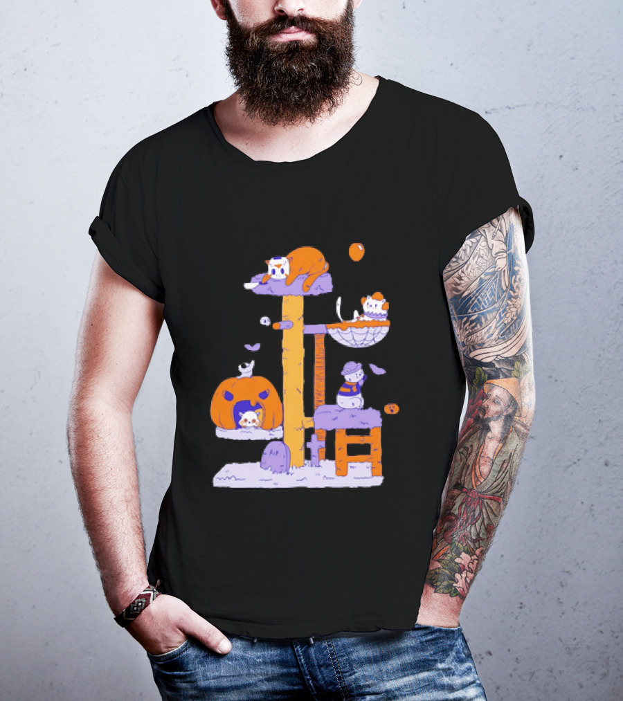 Cat Horror Pumpkin Tree Halloween Cats T-Shirt