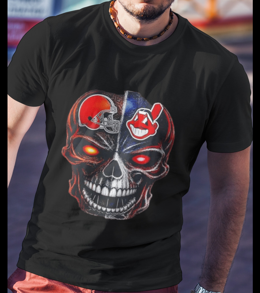 Cleveland Browns Helmet Indians Chief Wahoo Skull Sports Fan T-Shirt