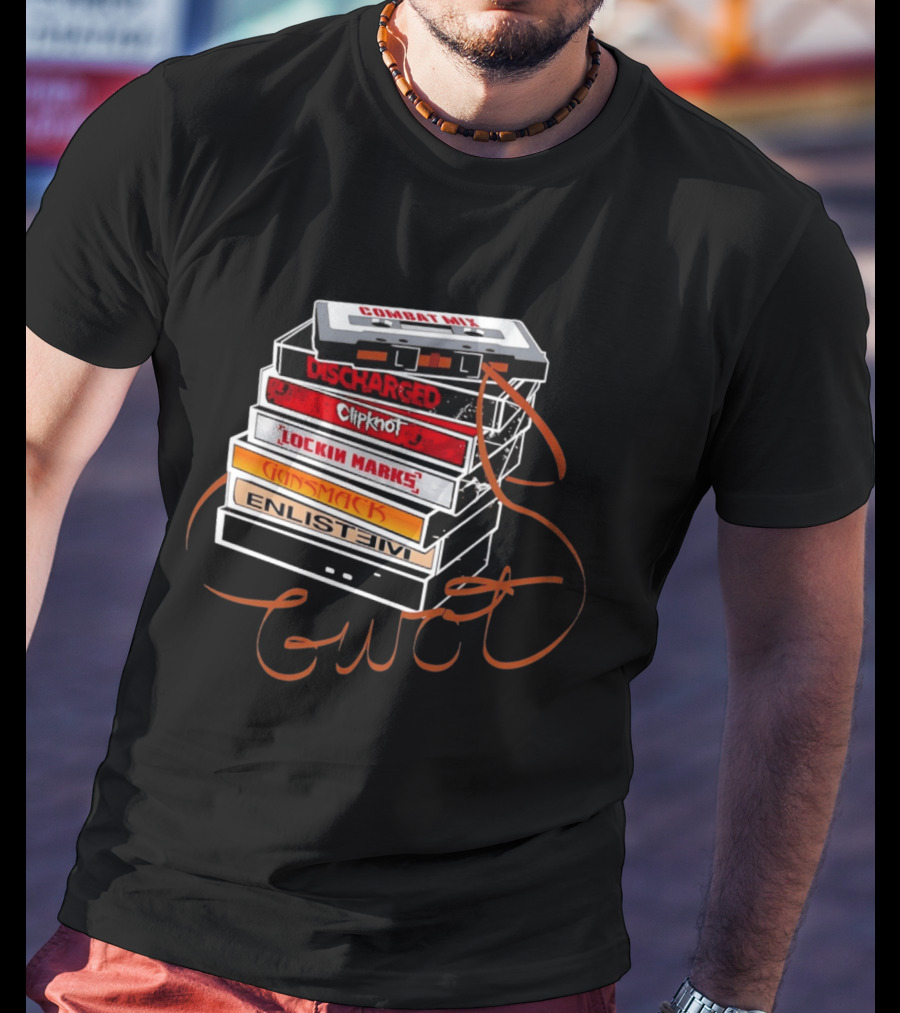 Combat Mix Discharged Clipknot Lockin Marks Gunsmack Enlist GWOT 3 Tours Down Music Cassette Stack T-Shirt