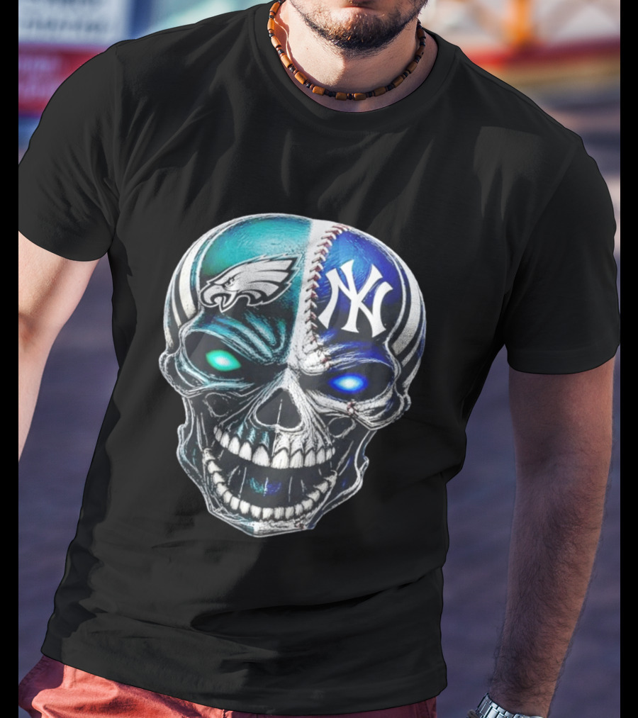 Philadelphia Eagles New York Yankees Skull Glow Eyes T-Shirt