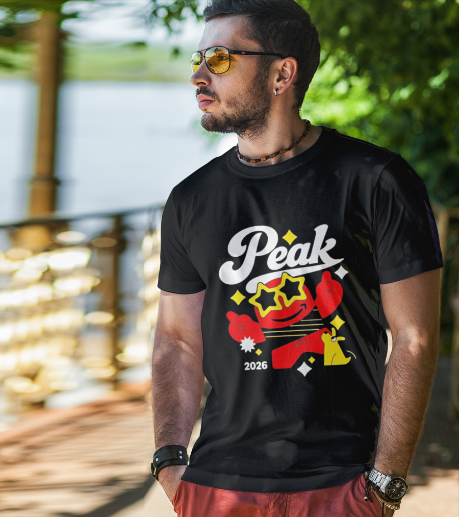 Peak 2026 Red Character With Star Glasses And Yellow Dog T-Shirt