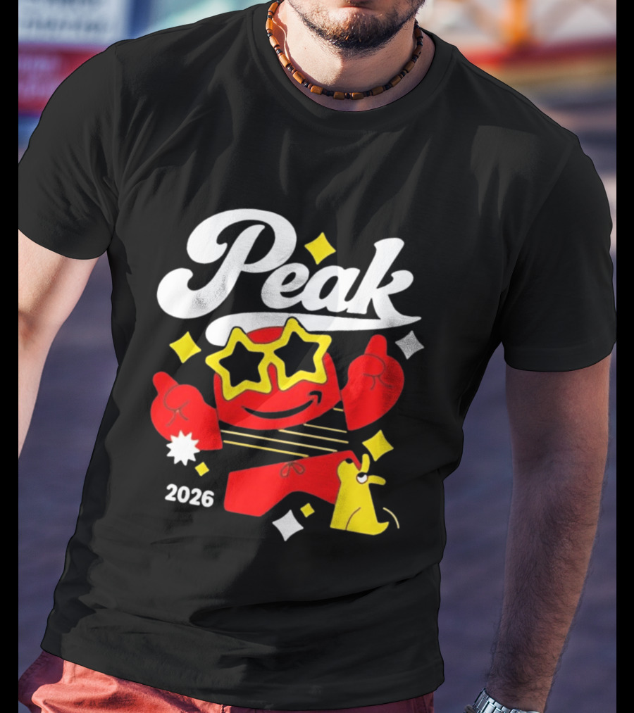 Peak 2026 Red Character With Star Glasses And Yellow Dog T-Shirt