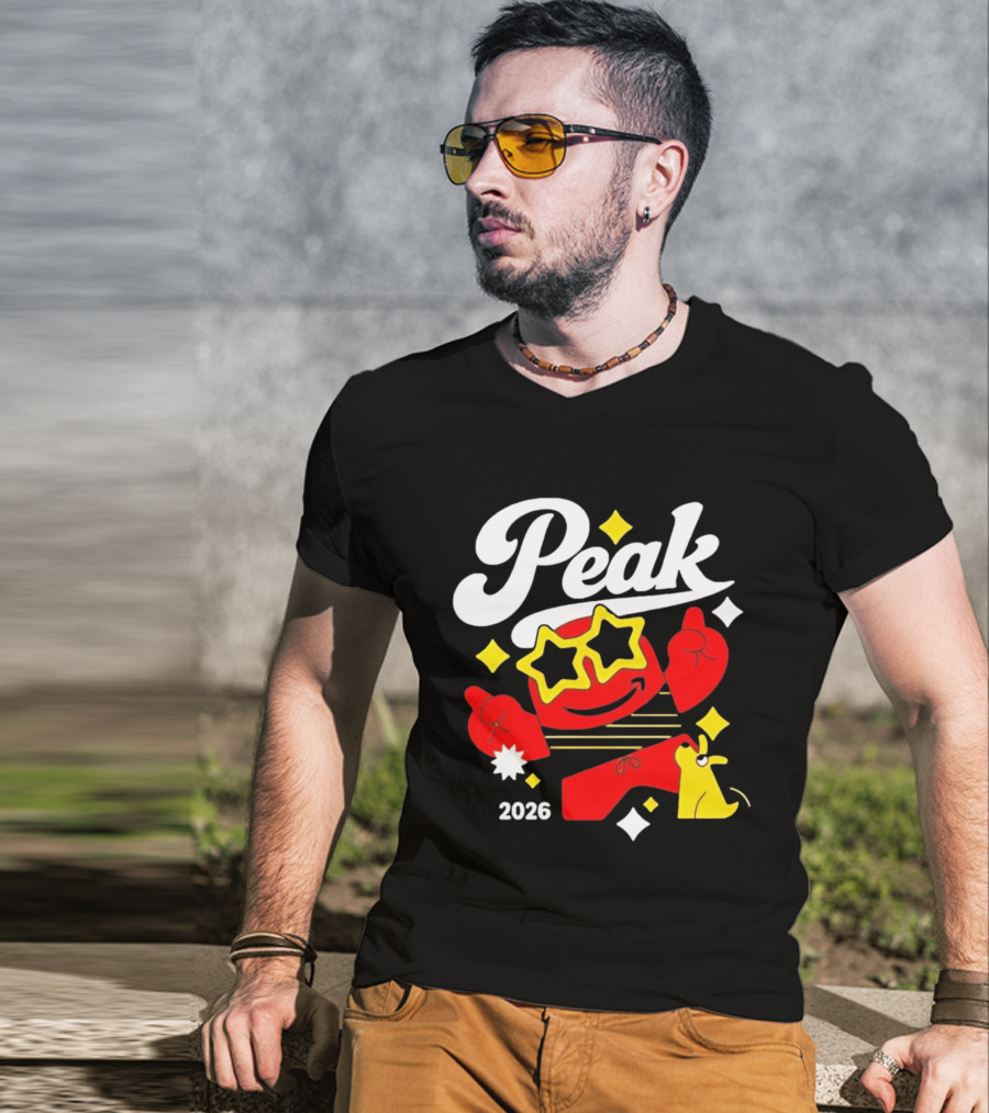Peak 2026 Red Character With Star Glasses And Yellow Dog T-Shirt