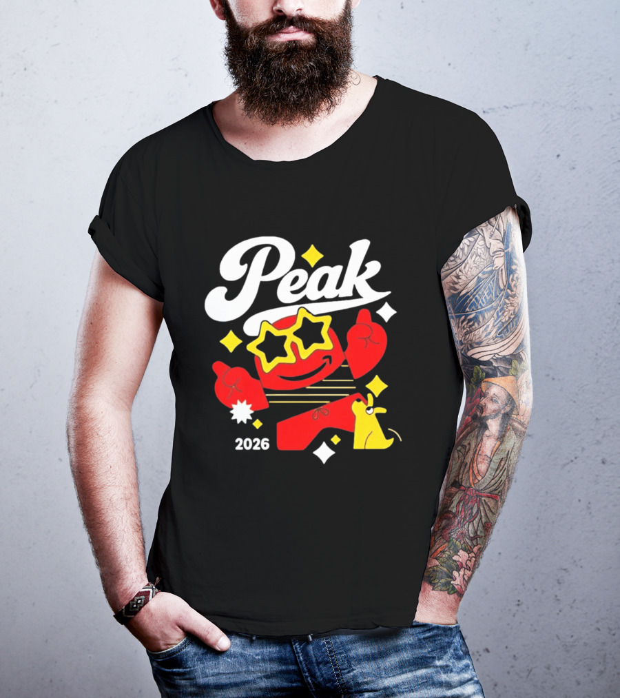 Peak 2026 Red Character With Star Glasses And Yellow Dog T-Shirt