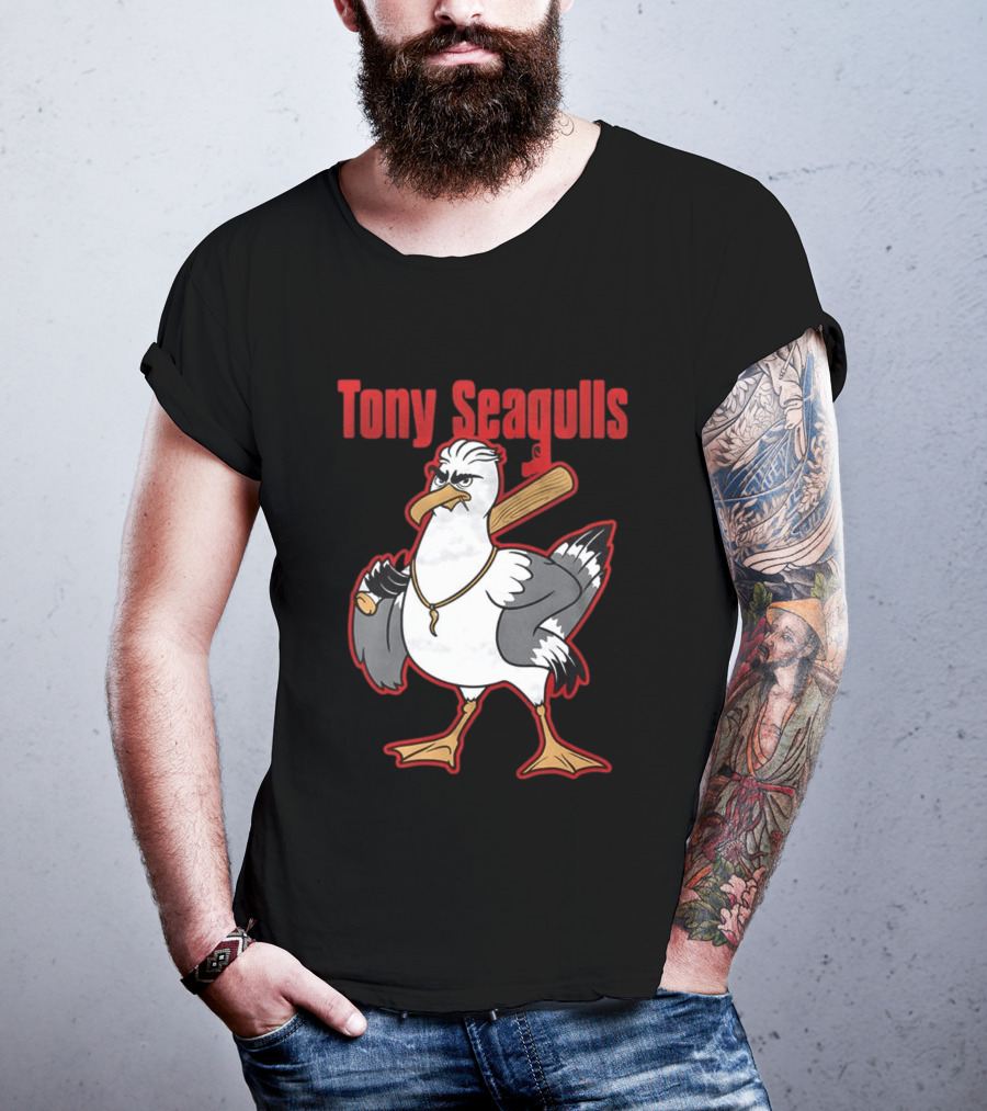 Tony Seagulls Baseball Cartoon Character With Bat T-Shirt