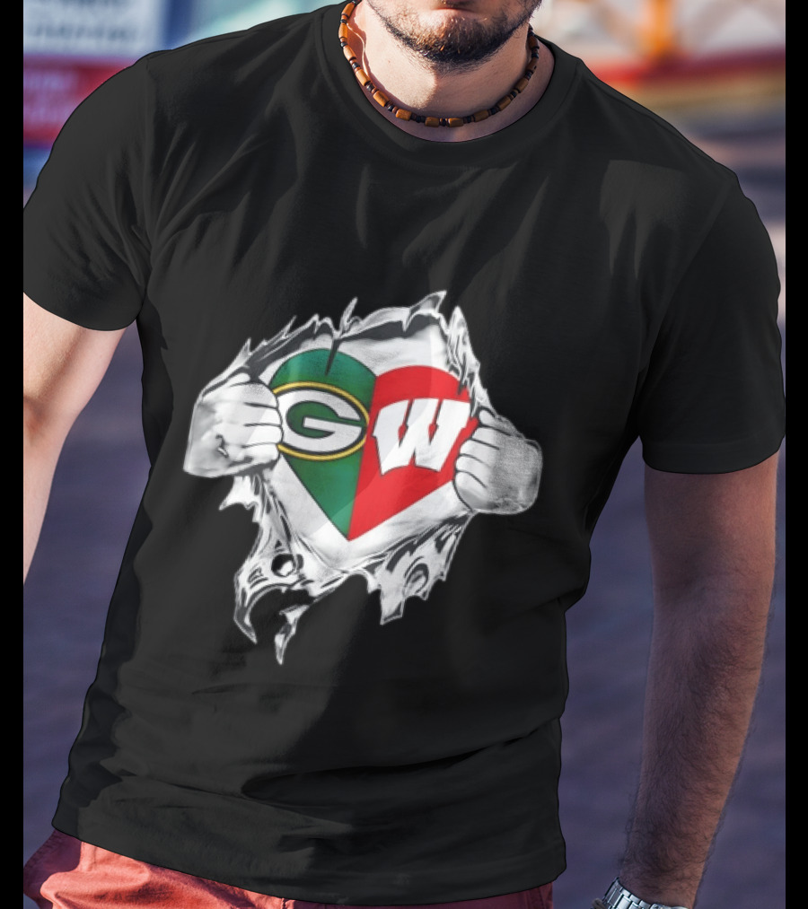Green Bay Packers Wisconsin Badgers Torn Chest Reveal Heart T-Shirt