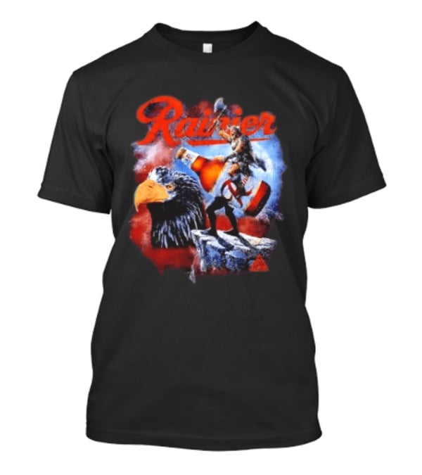 Rainier Beer Viking Holding Beer Riding Eagle On Rock T-Shirt