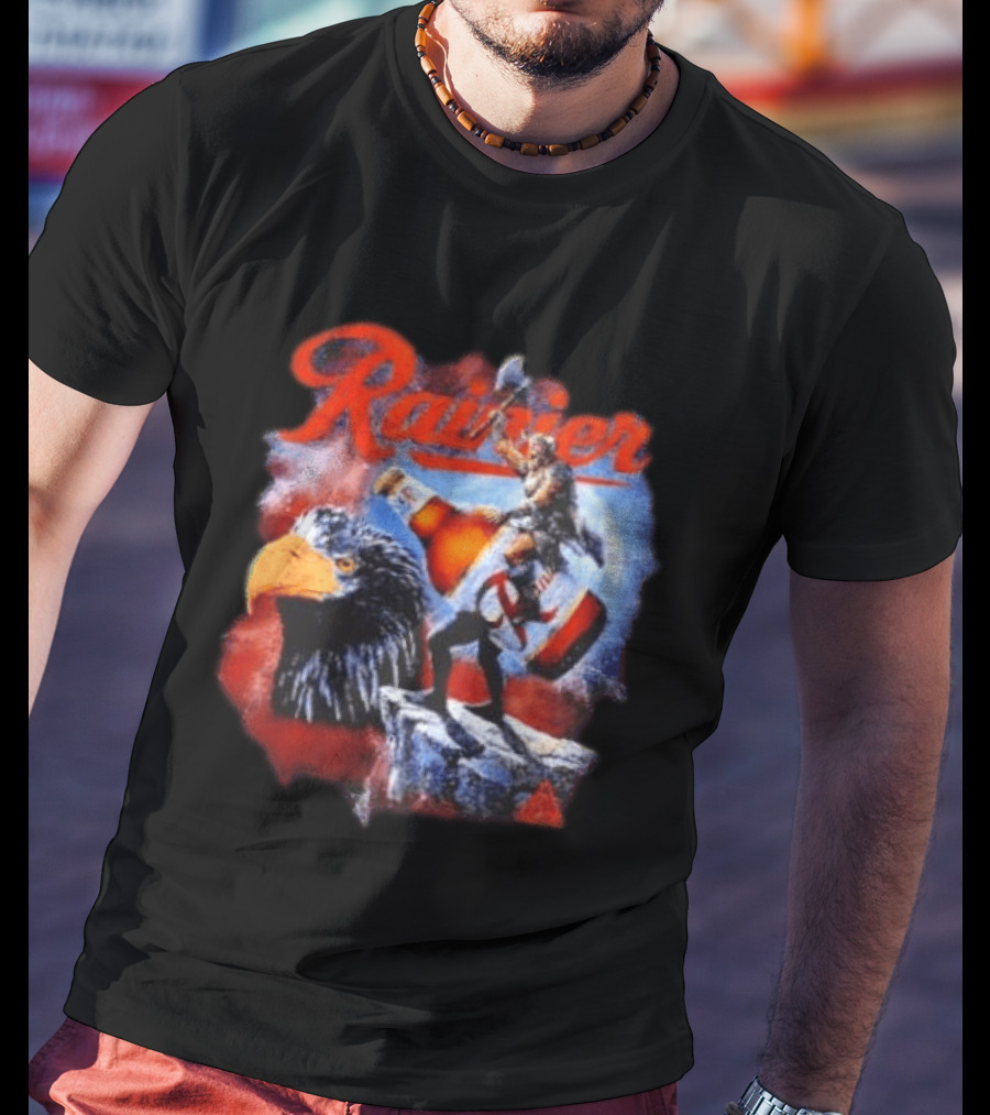 Rainier Beer Viking Holding Beer Riding Eagle On Rock T-Shirt