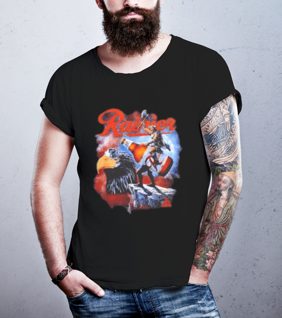 Rainier Beer Viking Holding Beer Riding Eagle On Rock T-Shirt