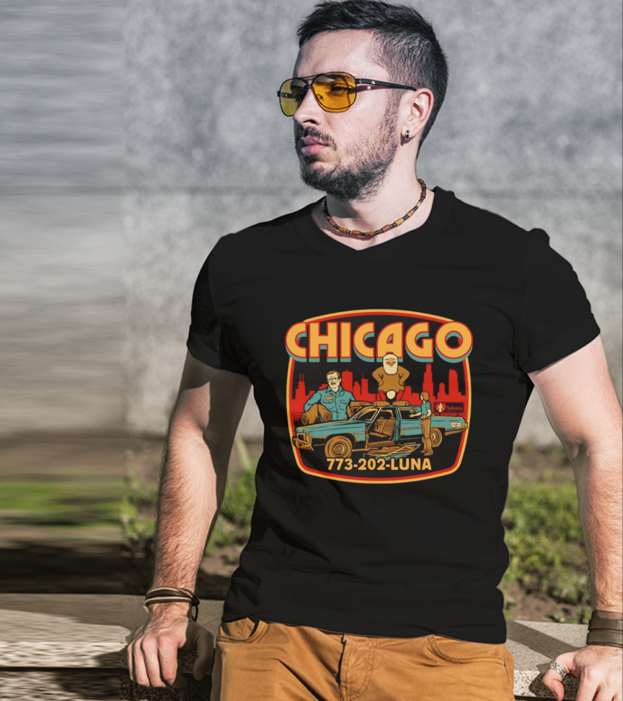 Chicago 773 202 Luna Sybaris Retro Car And Eagle Scene T-Shirt
