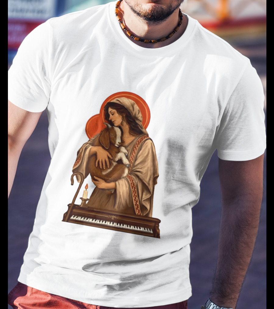 Woman Embracing Goat With Candle And Piano Halo T-Shirt