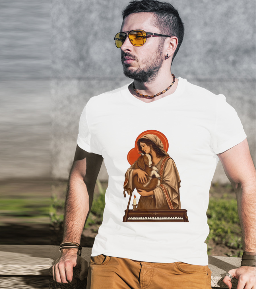 Woman Embracing Goat With Candle And Piano Halo T-Shirt