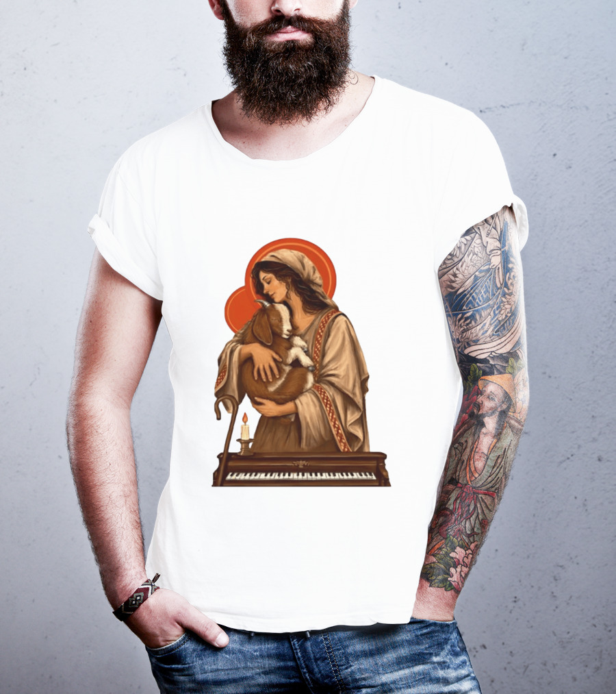 Woman Embracing Goat With Candle And Piano Halo T-Shirt
